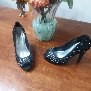 Touch Ups Black Open Toe Platform Rhinestone Heels